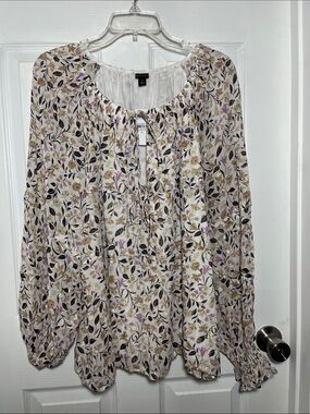 Ann Taylor White Peasant Blouse with Taupe, Lavender, and Metallic Gold Print